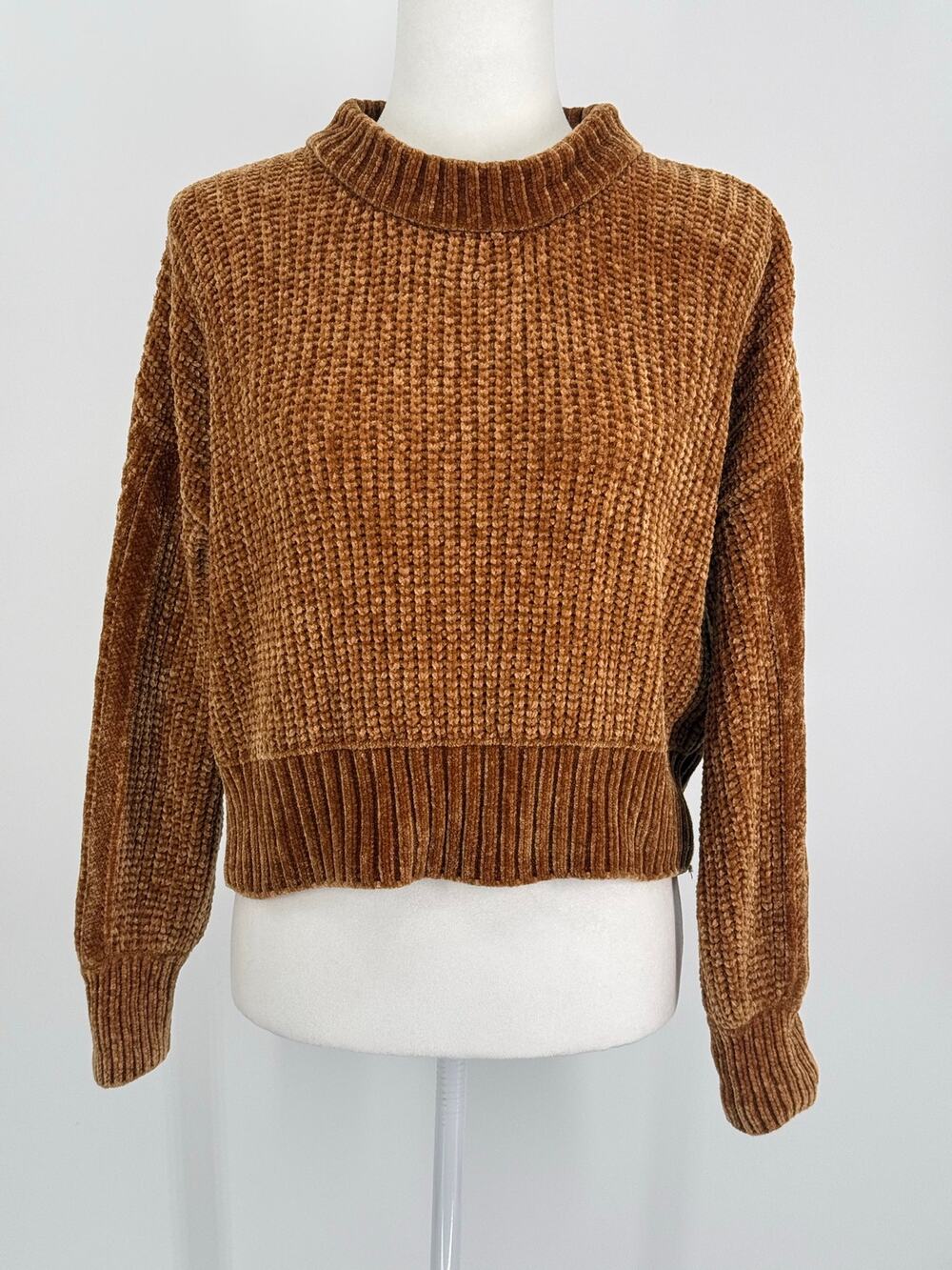 Pink Rose Camel Brown Chenille Waffle Knit Cropped Sweater Size Small
